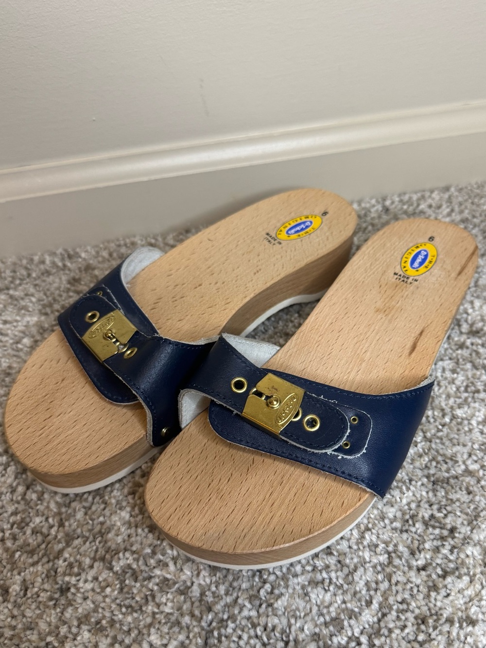 Vintage Dr. Scholl's Original Wooden Sandals | Made in Italy | Size 6 | Navy